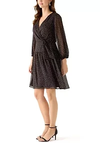 Women's Long Sleeve Surplice Dot Print Mini Dress