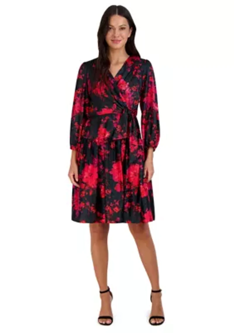 Women's Puff Sleeve Wrapped Floral A-Line Dress