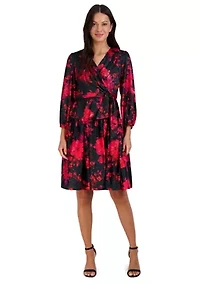 Women's Puff Sleeve Wrapped Floral A-Line Dress