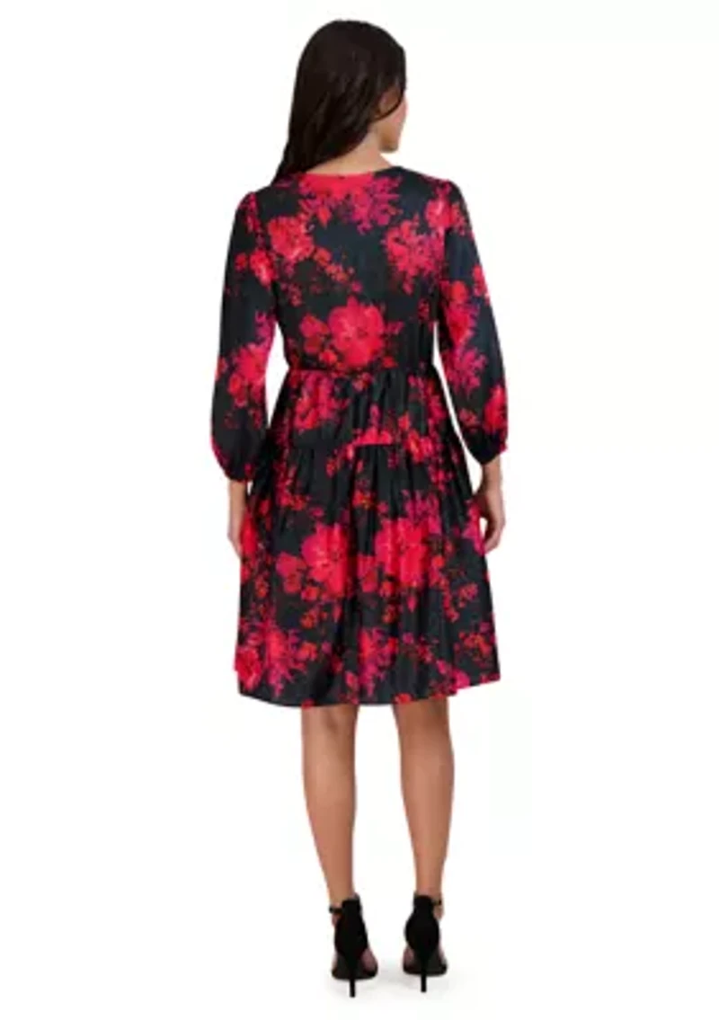 Women's Puff Sleeve Wrapped Floral A-Line Dress