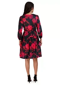 Women's Puff Sleeve Wrapped Floral A-Line Dress