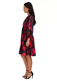 Women's Puff Sleeve Wrapped Floral A-Line Dress