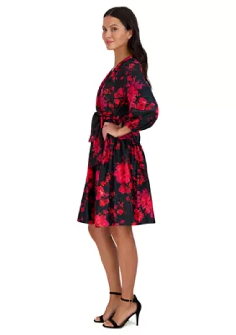 Women's Puff Sleeve Wrapped Floral A-Line Dress