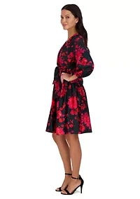 Women's Puff Sleeve Wrapped Floral A-Line Dress