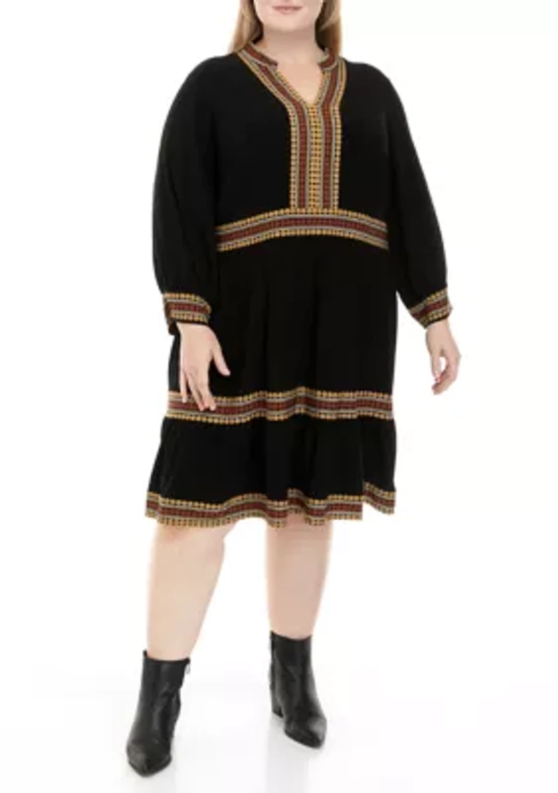 Plus Long Sleeve Split Neck Border Print Babydoll Dress