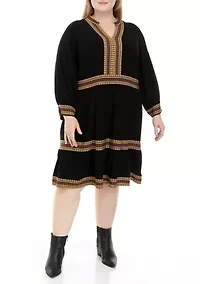 Plus Long Sleeve Split Neck Border Print Babydoll Dress