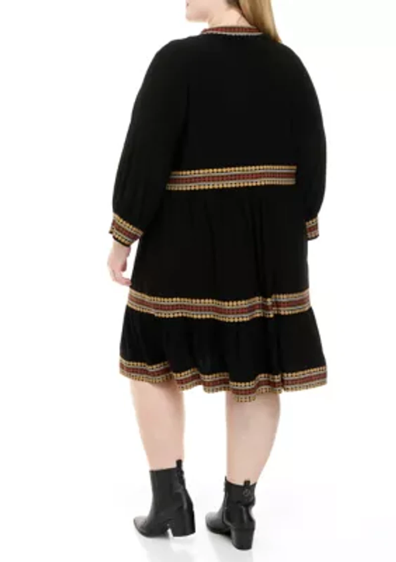 Plus Long Sleeve Split Neck Border Print Babydoll Dress