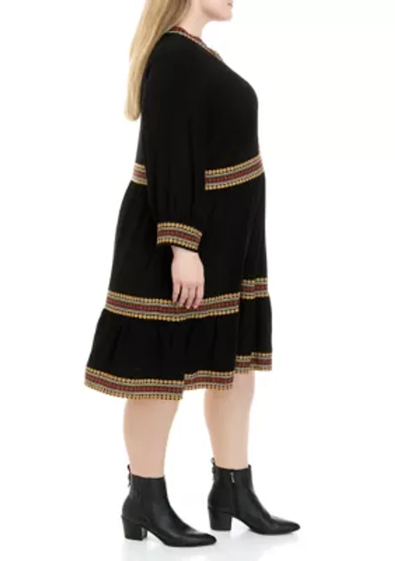 Plus Long Sleeve Split Neck Border Print Babydoll Dress