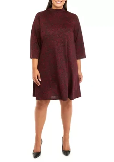 Plus 3/4 Sleeve Mock Neck Animal Print A-Line Dress