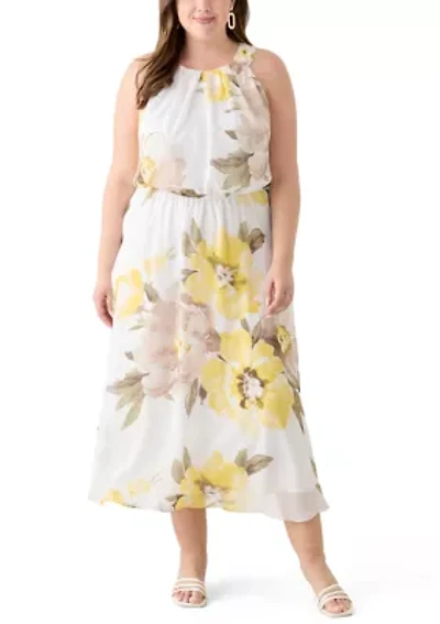 Plus Sleeveless Halter Floral Print Maxi Dress