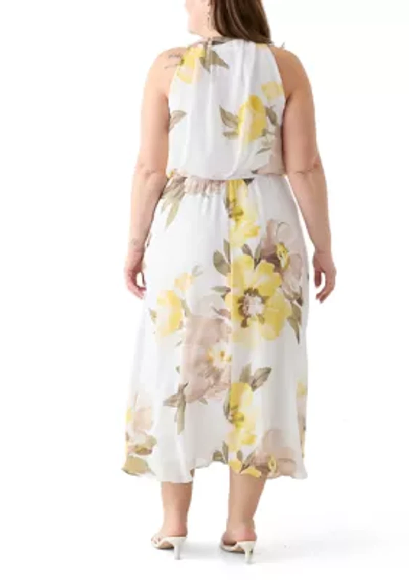Plus Sleeveless Halter Floral Print Maxi Dress
