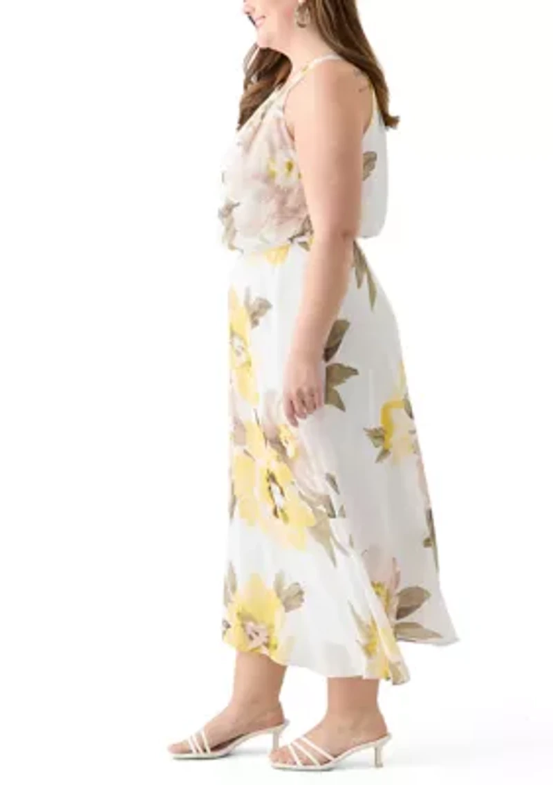Plus Sleeveless Halter Floral Print Maxi Dress