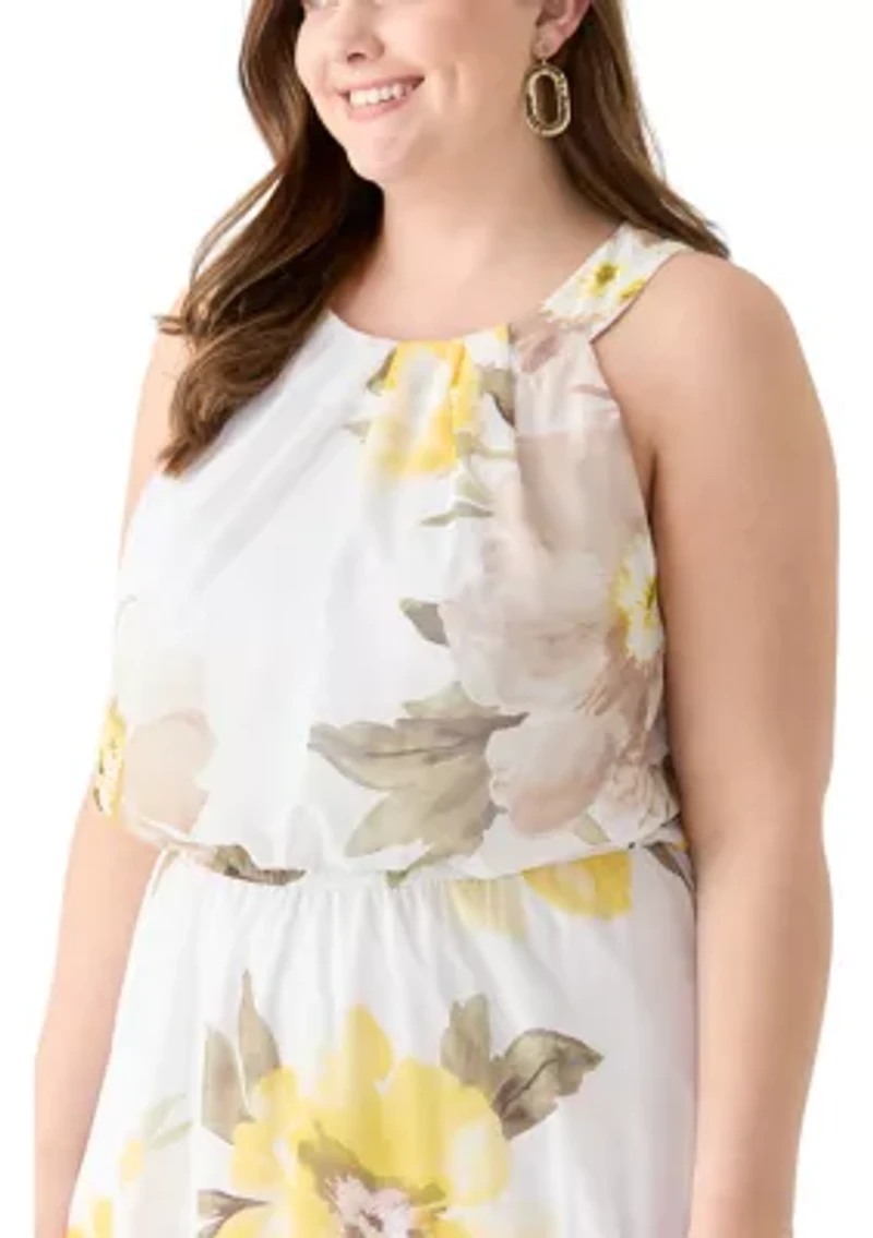 Plus Sleeveless Halter Floral Print Maxi Dress
