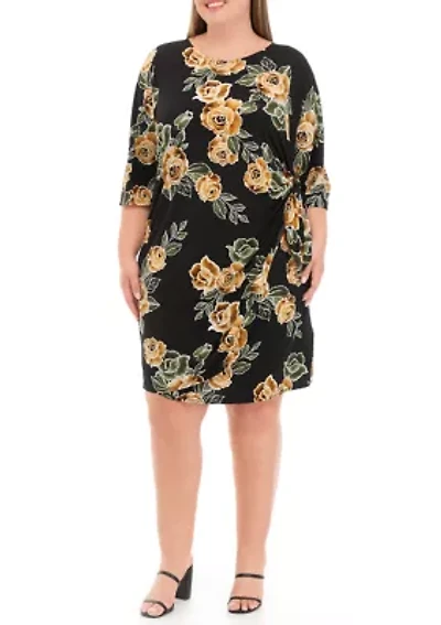 Plus 3/4 Sleeve Side Tie Floral Print Chiffon Dress