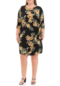 Plus 3/4 Sleeve Side Tie Floral Print Chiffon Dress