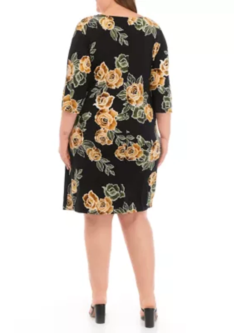 Plus 3/4 Sleeve Side Tie Floral Print Chiffon Dress