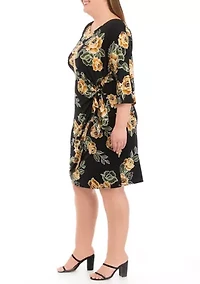 Plus 3/4 Sleeve Side Tie Floral Print Chiffon Dress