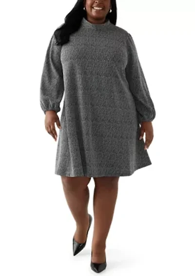 Plus Mock Neck A-Line Bouclé Dress