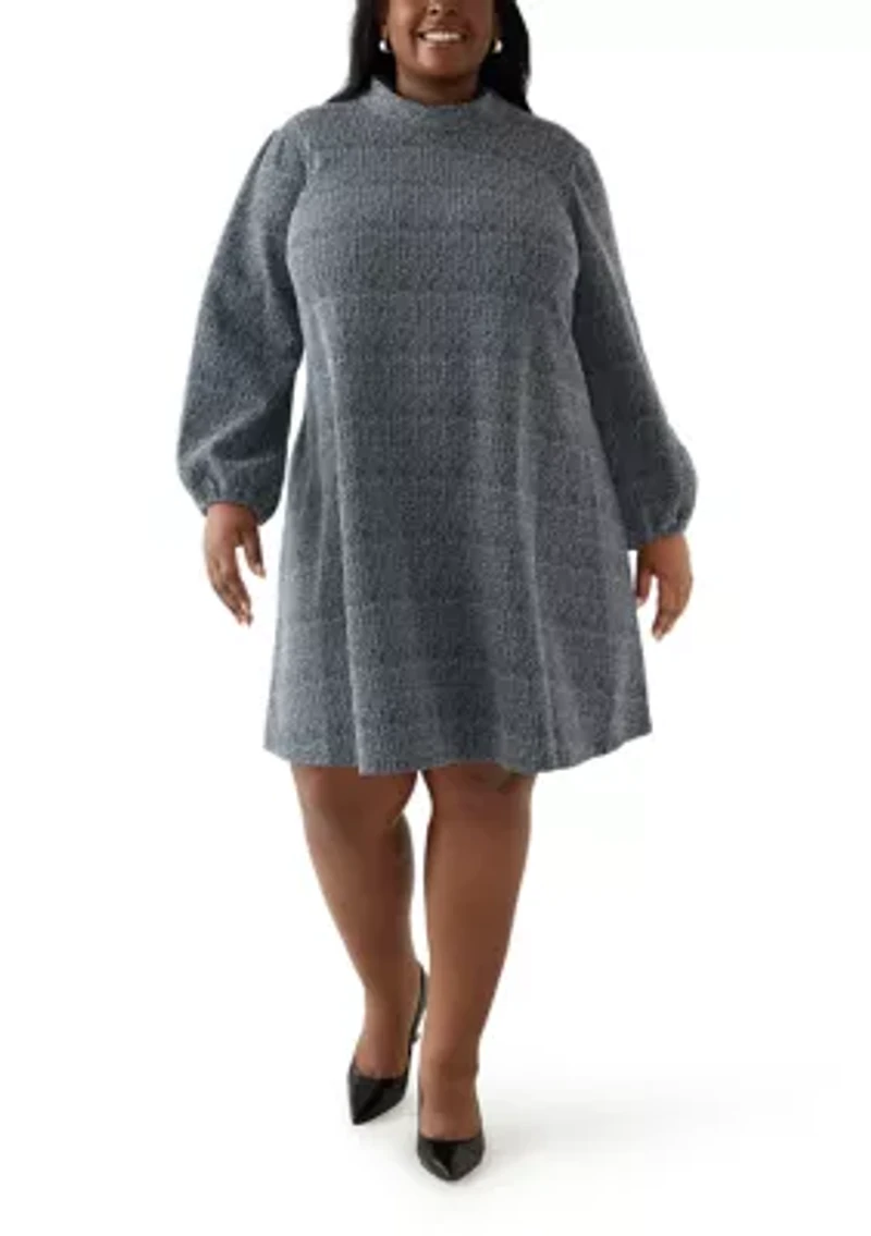 Plus Mock Neck A-Line Bouclé Dress