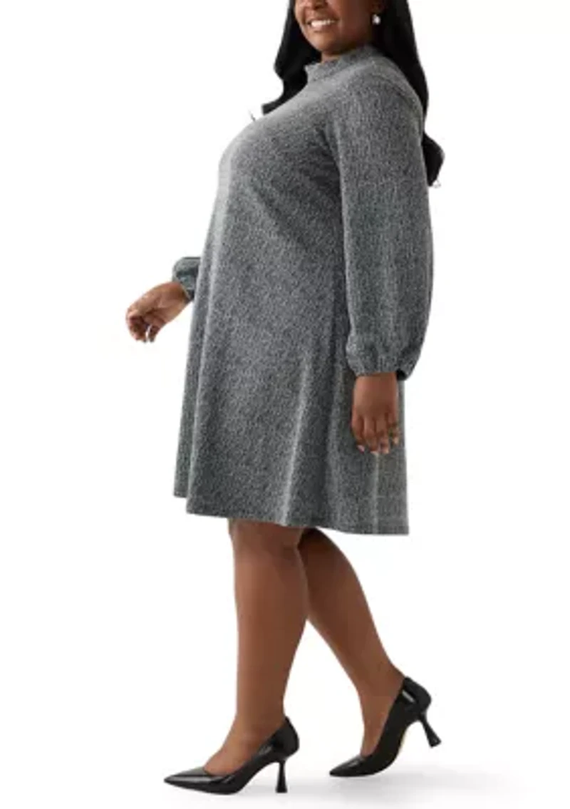 Plus Mock Neck A-Line Bouclé Dress