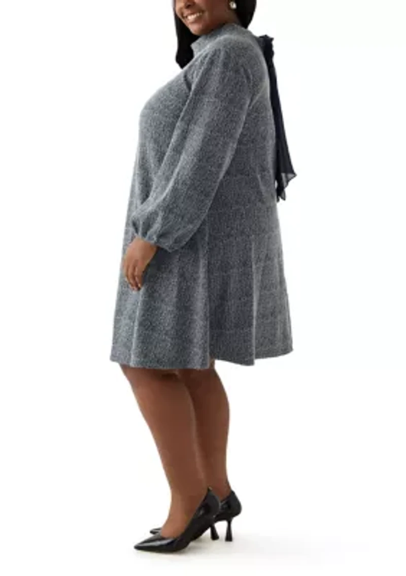 Plus Mock Neck A-Line Bouclé Dress