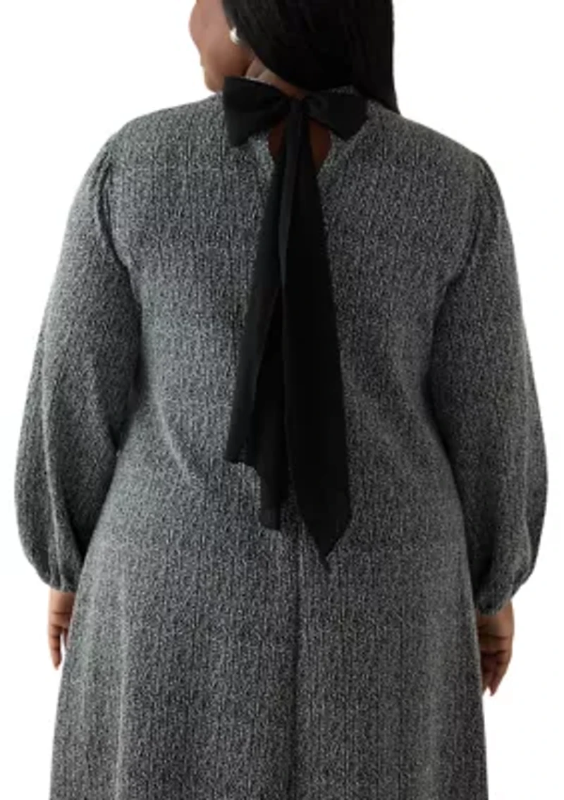 Plus Mock Neck A-Line Bouclé Dress