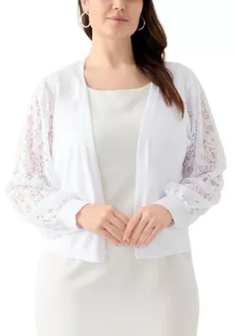 Plus Long Lace Sleeve Flat Knit Cardigan