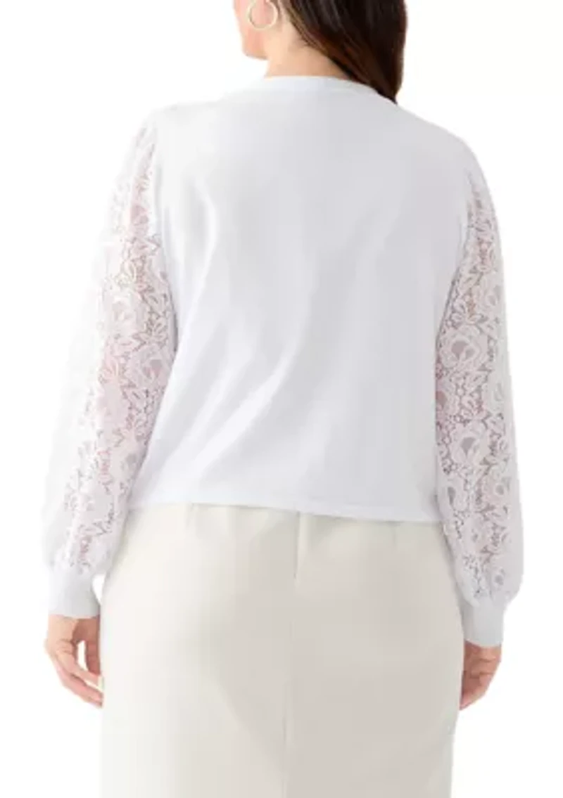 Plus Long Lace Sleeve Flat Knit Cardigan