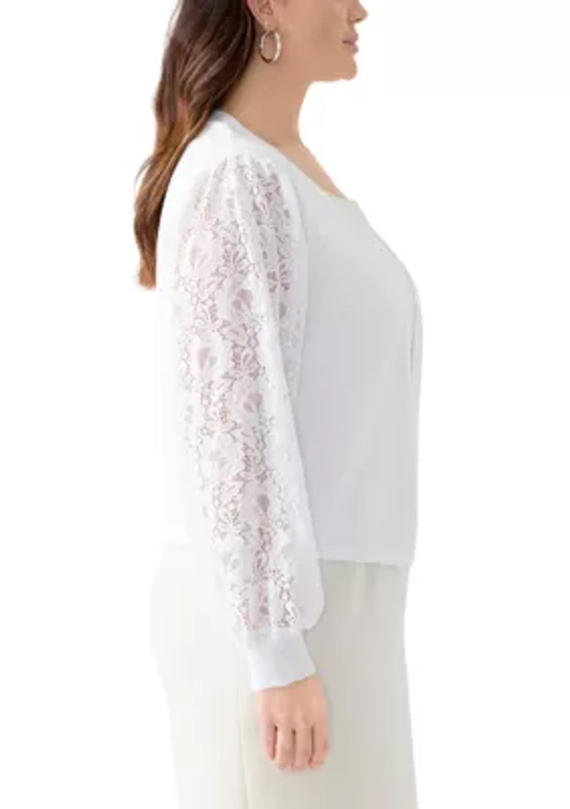 Plus Long Lace Sleeve Flat Knit Cardigan