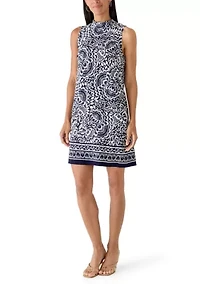 Women's Sleeveless Denim Printed Mock Neck Shift Dress