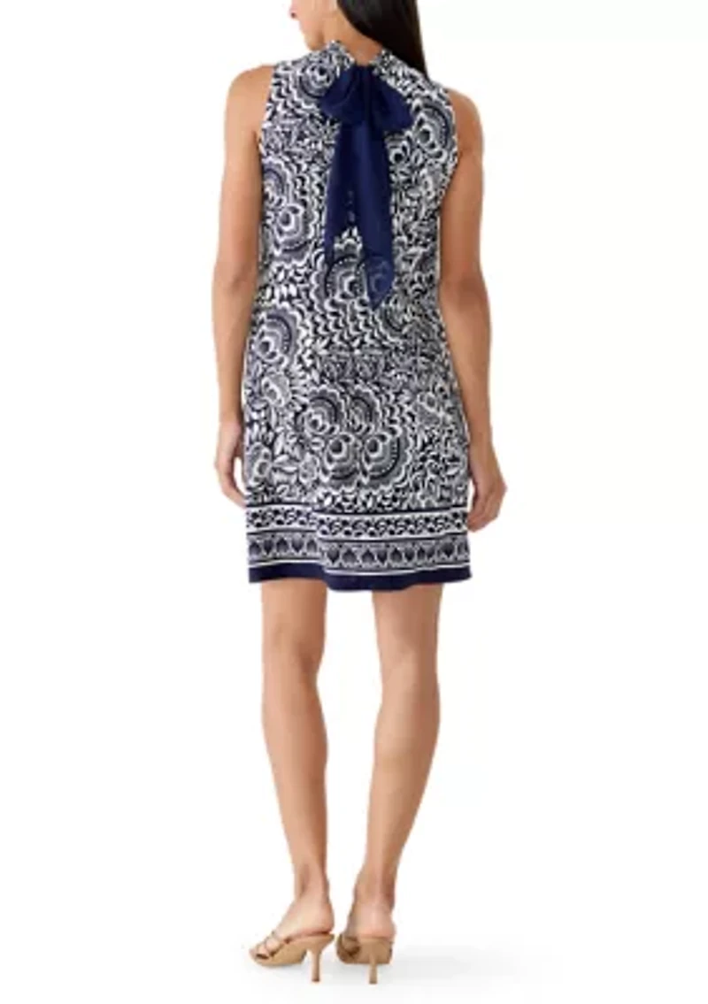 Women's Sleeveless Denim Printed Mock Neck Shift Dress