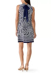 Women's Sleeveless Denim Printed Mock Neck Shift Dress