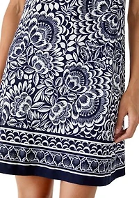 Women's Sleeveless Denim Printed Mock Neck Shift Dress