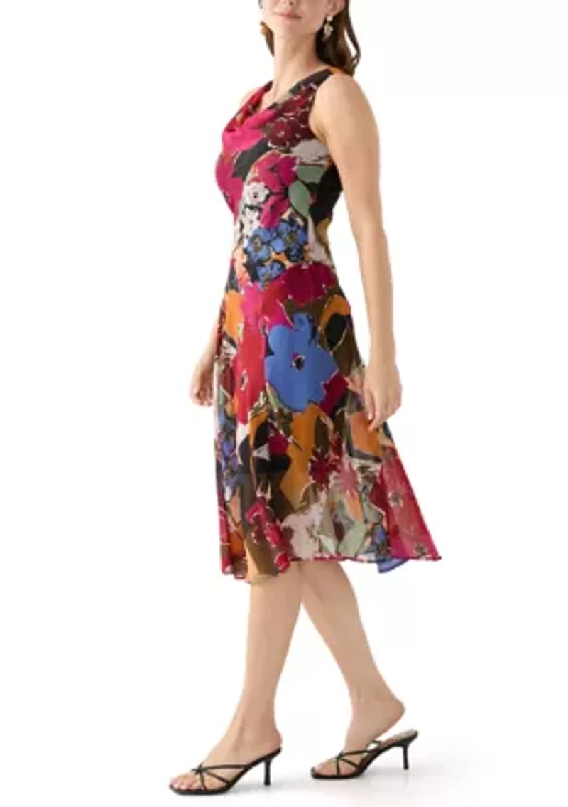 Women's Cowl Neck Floral Printed A-Line Dress