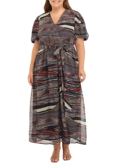 Plus Puff Sleeve Printed Tie Waist Fit and Flare Dress