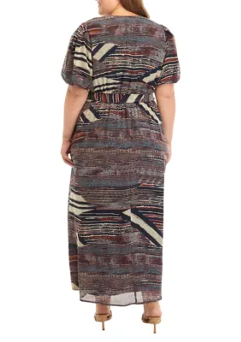 Plus Puff Sleeve Printed Tie Waist Fit and Flare Dress