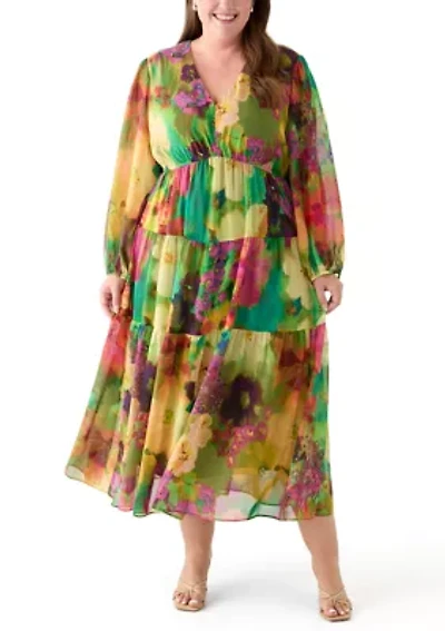 Plus Long Sleeve V-Neck Floral Print Maxi Dress
