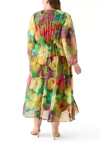 Plus Long Sleeve V-Neck Floral Print Maxi Dress