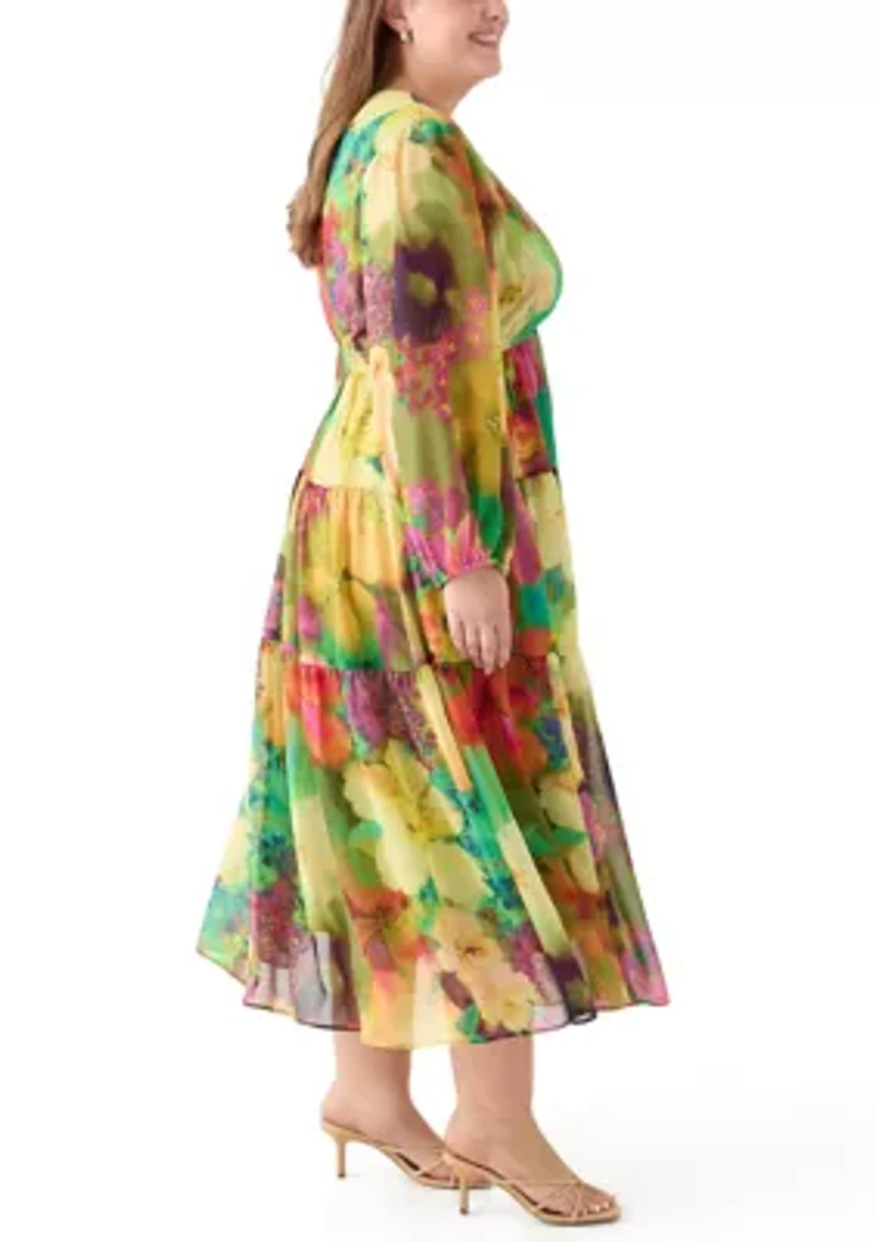 Plus Long Sleeve V-Neck Floral Print Maxi Dress