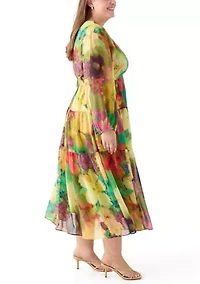 Plus Long Sleeve V-Neck Floral Print Maxi Dress