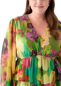 Plus Long Sleeve V-Neck Floral Print Maxi Dress