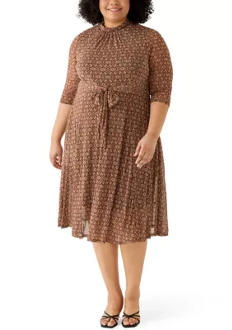 Plus 3/4 Tie Front Mesh A-Line Dress