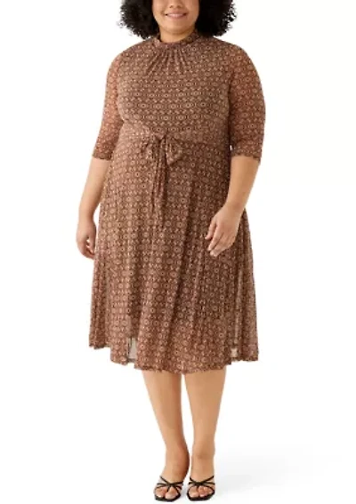 Plus 3/4 Tie Front Mesh A-Line Dress