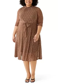 Plus 3/4 Tie Front Mesh A-Line Dress