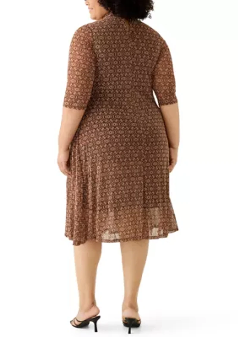 Plus 3/4 Tie Front Mesh A-Line Dress