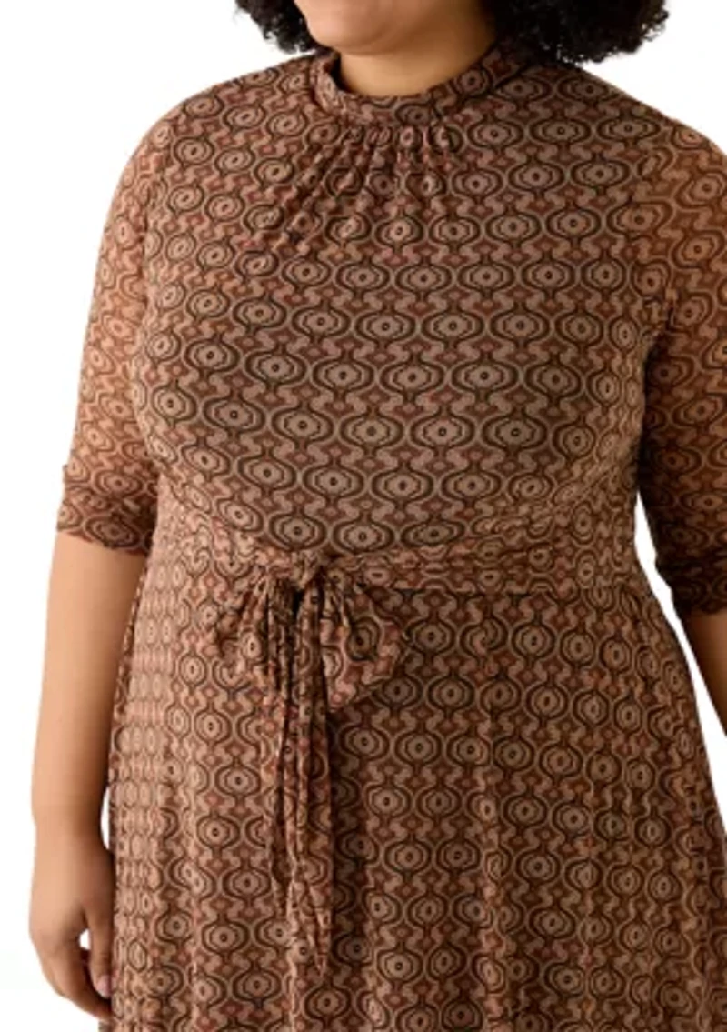 Plus 3/4 Tie Front Mesh A-Line Dress