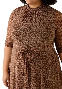 Plus 3/4 Tie Front Mesh A-Line Dress