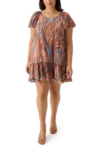 Plus Short Sleeve Square Neck Printed A-Line Dress