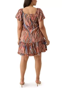 Plus Short Sleeve Square Neck Printed A-Line Dress