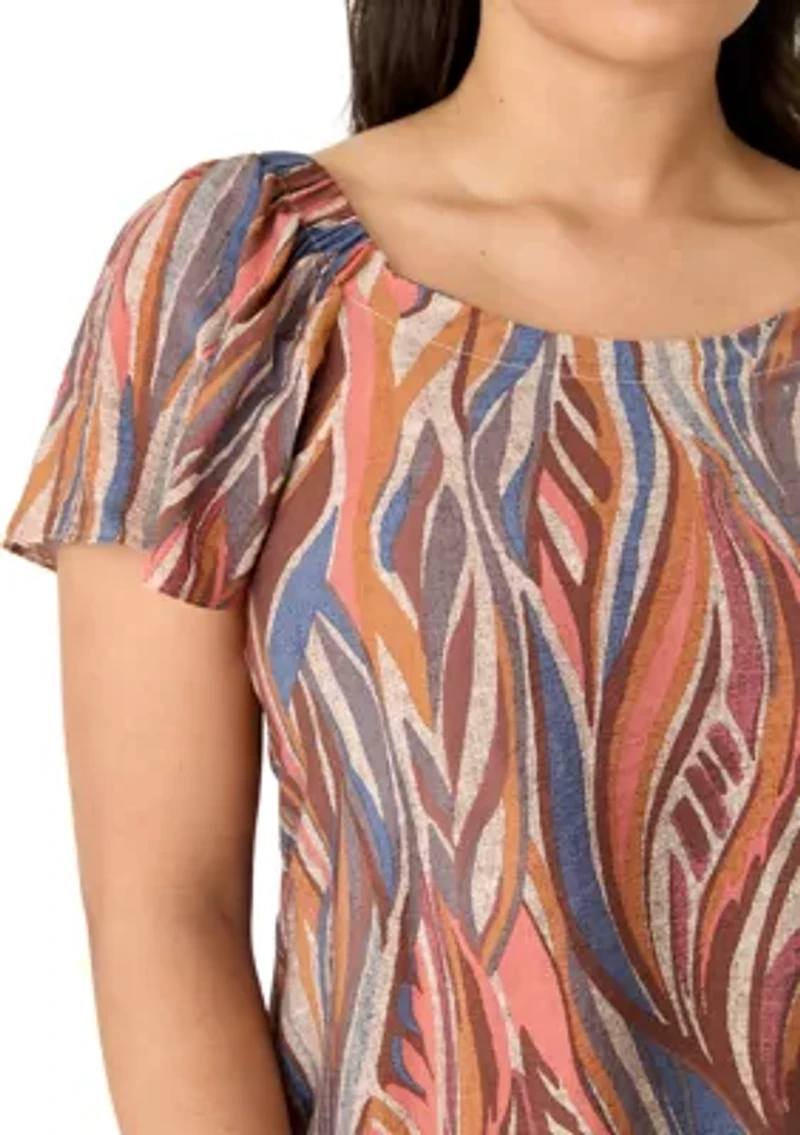 Plus Short Sleeve Square Neck Printed A-Line Dress